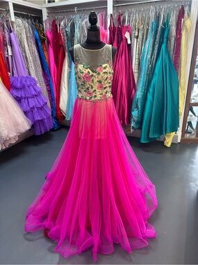 Floral Embroidered Hot Pink Tulle Prom Gown